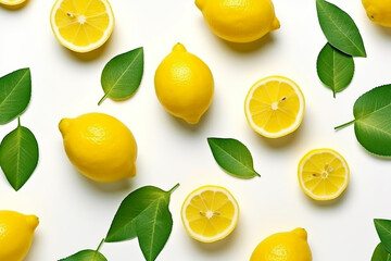 Wall Mural - Pattern lemon slices,leaf,on white background