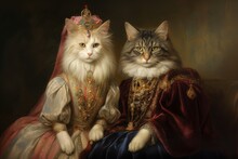 Cat, Prince, Princess, King, Queen, Animal, Couple, Portrait, Medieval, Renaissance. CAT DUKE AND DUCHESS. A Bijou Of A Couple Of Noble Duke Cats Of High Aristocracy Dressed Up In Medieval Style.