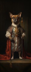 Wall Mural - 3d portrait, Aristocratic bulldog, Dog, Noble, Renaissance, Medieval, Cloak, Royal. ROYAL COURT BULLDOG. A courtier dog loyal subject of the king in all his luxury with scepter, red cloak and armor