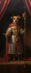 Wall Mural - 3d ironic portrait, dog, soldier, Renaissance, Medieval, Cloak, Royal, Pet. THE COURT FAITHFUL DOGGY WITH LEASH. A portrait of a courtier dog loyal subject of the king. 