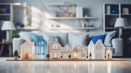 house models on blurred living room background, house selection, real estate concept.