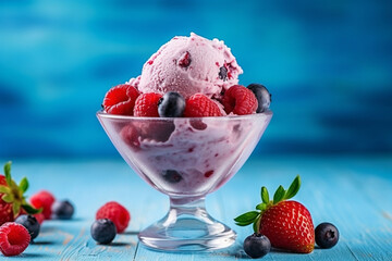 Wall Mural - Berry ice cream with berries in glass bowl,on blue wooden background