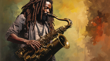 Wall Mural - portrait of man reggae cheerful blow the saxophone