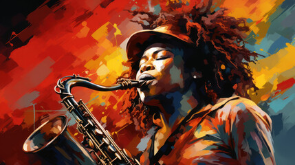 Wall Mural - abstract expressionist art style of portrait of man reggae cheerful blow the saxophone