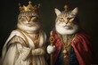 Cats, Felines, King, Emperor, Ruler, Ironic 3D portrait, Renaissance, Medieval. AT THE COURT OF THE FELINS. A portrait of a couple of emperor cats dressed up in perfect Renaissance style.