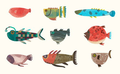 Fish, watercolor painting. animal cartoon vector illustration collection. isolated on a white background.	
