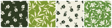Set Of Four Floral Patterns With Flowers And Leaves In Green Colors. Vector Seamless Floral Prints