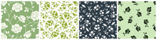 Set Of Four Floral Patterns With Flowers And Leaves In Green, Blue, And White Colors. Vector Seamless Floral Prints