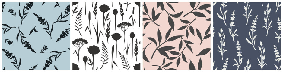 Wall Mural - Set of four floral patterns with flowers and leaves in blue, pink, black, and white colors. Vector seamless floral prints