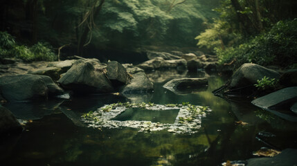 Canvas Print - Abstract icon representing the ecological call to recycle and reuse in the form of a pond with a recycling symbol in the middle of a beautiful untouched jungle.