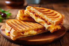 Grill Sandwiches With Cheese On Wooden Background.