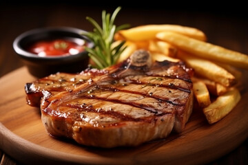 Grilled pork steak with french fries on wooden background.