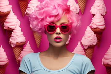 Wall Mural - portrait Cool woman with pink hair, red lips and sunglasses looking at the camera, wearing blue t-shirt. Pink ice creams in the background