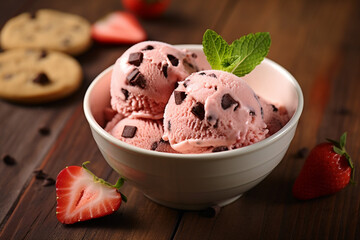 Wall Mural - Strawberry ice cream with chocolate chip cookies on wooden background.