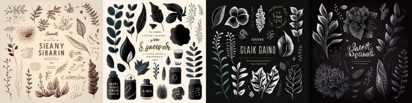 set of hand drawn graphic elements, strokes, textures and patterns for organic and natural products.