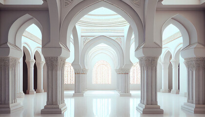  Interior of a white mosque, Luxury Mosque, interior of a mosque country,  Ai generated image 