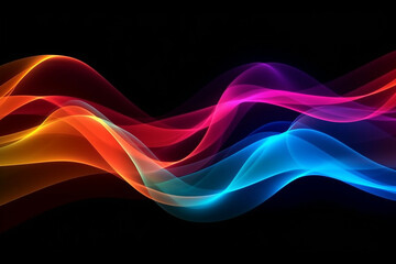 Wall Mural - Abstract colorful neon light lines and waves on black background.