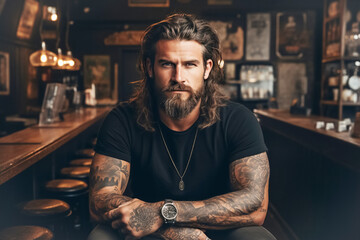 attractive young man posing for the camera. attractive hipster, brutal bearded man in good physical 