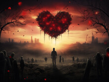 Red Heart Over A Cemetery With Dark Stormy Sky. Romantic Illustration. Ai Generated