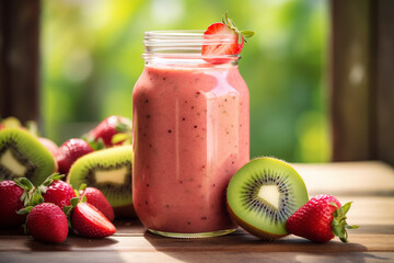 Wall Mural - Smoothie kiwi and strawberry on wooden background.