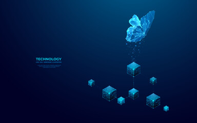 Poster - An abstract butterfly flies over linked digital blocks. Metaverse concept. NFT and blockchain technology. Futuristic low poly wireframe vector illustration with 3D isometric effect. Blue background.