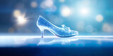 Fototapeta  - Cinderella crystal slipper on blue Abstract Defocused background