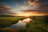 Fototapeta Natura - Vast green landscape, meandering river, golden sky at dusk., generative IA