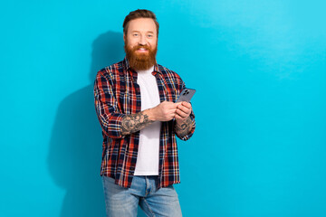 photo of cheerful young hipster style men cool tattoos wear plaid shirt holding smartphone text his 