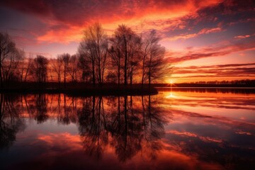 Wall Mural - Sunset reflected in serene lake, trees in silhouette., generative IA