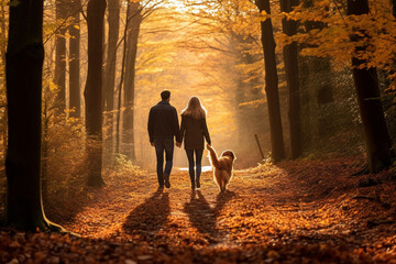 Wall Mural - Young couple with a dog walks on autumn park back view. AI generated