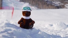 A Toy Teddy Bear Is Sitting On The Snow, A Skier Is Walking In The Background.