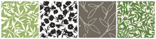 Set Of Four Floral Patterns With Flowers And Leaves In Green And Brown Colors. Vector Seamless Floral Prints