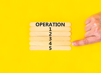 Time to operation 4 symbol. Concept word Operation 1 2 3 4 5 on wooden sticks. Businessman hand. Beautiful yellow table yellow background. Business planning and time to operation 4 concept. Copy space