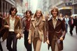 Group of friends walking in the street in traditional 1970s styled clothes Generative AI
