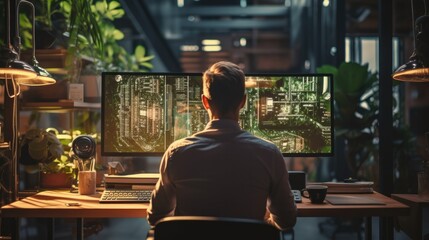 Man sitting working on system development programmer in office.