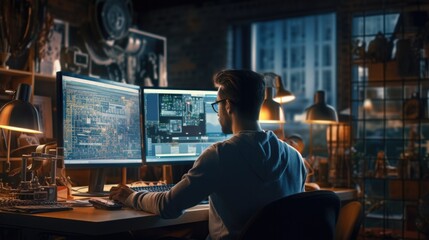 Man sitting working on system development programmer in office.