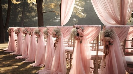  a row of chairs with pink sashes and flowers on them.  generative ai