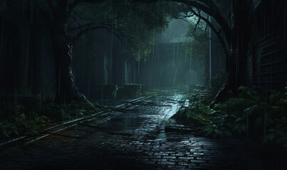 Wall Mural - A Dark Rainy Cobblestone Path Lined With Trees and Plants