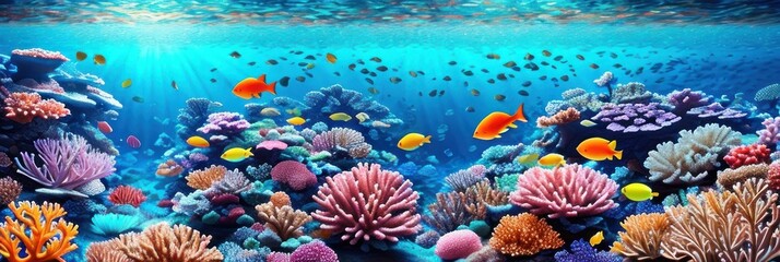 underwater coral reef landscape wide panorama background in the deep blue ocean with colorful fish and marine life . Banner