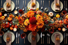 Autumn Table Setting With Pumpkins And Flowers For Celebration Thanksgiving. 