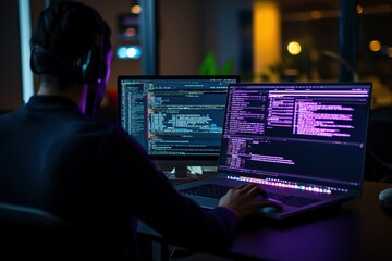 The developer debugs code on multiple screens. AI generated