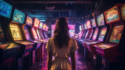 Wall Mural - Girl in front of several arcade machines, Generative AI