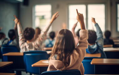 Child in school raising his or hers hand, ready to answer a question from the teacher. Shallow field of view.