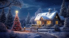 Christmas Scene With House And Christmas Tree In Snowy Night, Christmas Night, Generative AI
