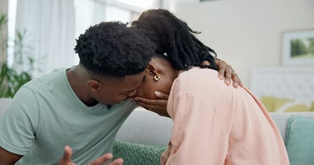 Wall Mural - Hug, crying and black couple with love and comfort for sad feeling by partner with anxiety, stress and worry. Together, care and people with grief in a relationship and partner help with empathy