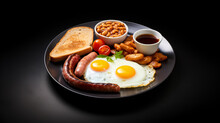 Traditional Full English Breakfast With Fried Eggs, Sausages, Beans, Mushrooms, Grilled Tomatoes And Bacon On White Plate
