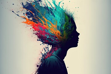 Wall Mural - Silhouette of a girl with colorful paint splashes on her head