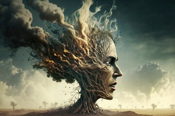 Wall Mural - Surreal image of a female face with big tree in the background