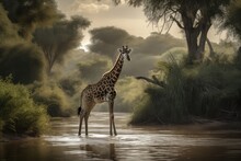 Elegant Giraffe Feeding On The Savannah While Elephants Bathe., Generative IA