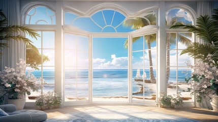 Wall Mural -  a room with a view of the ocean and palm trees.  generative ai